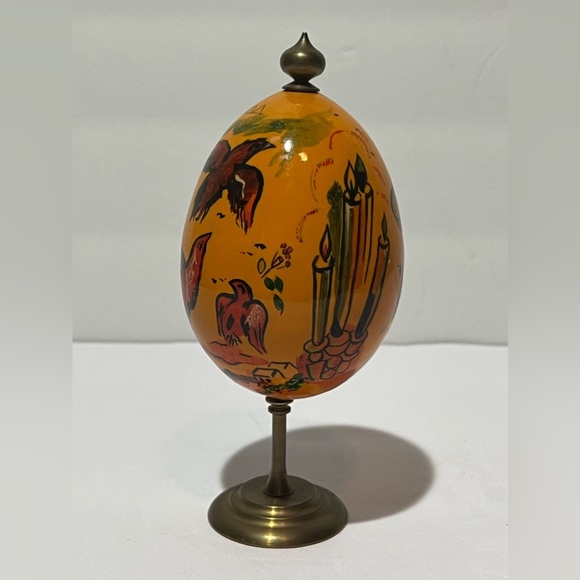 VTG Russian Lacquer Wood Egg Oil Painted Baby Dragon Birds Candles HTF Easter - Picture 2 of 11